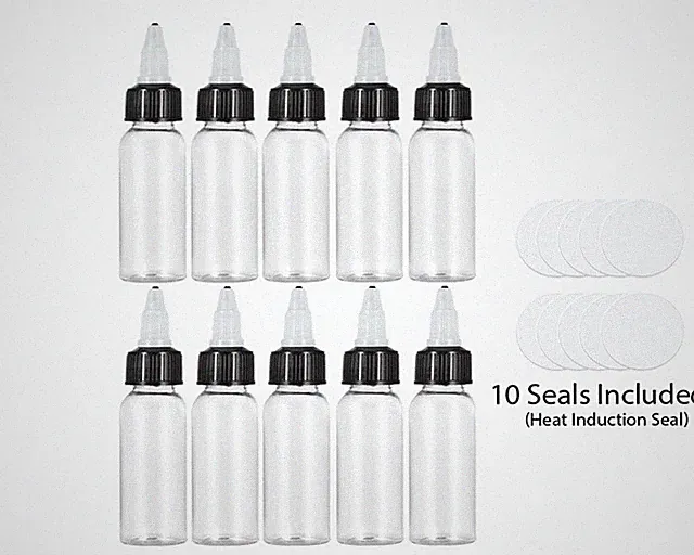 10 Empty Clear Plastic Tattoo Ink Pigment Bottles with Seals and Twist Top Caps