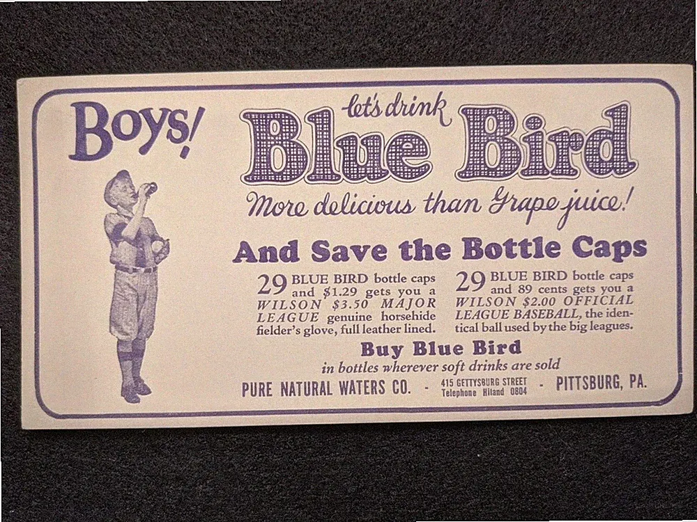 1926 Ink Pen Blotter Boys Baseball Blue Bird Grape Soda Pop Bottle Pittsburgh PA