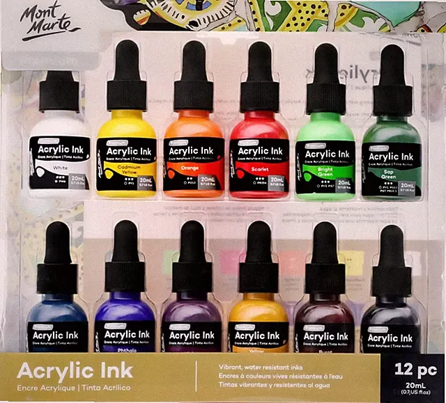 Acrylic Ink Premium 12Pc X 20Ml (0.7 US Fl.Oz), Acrylic Inks for Artists, Essent