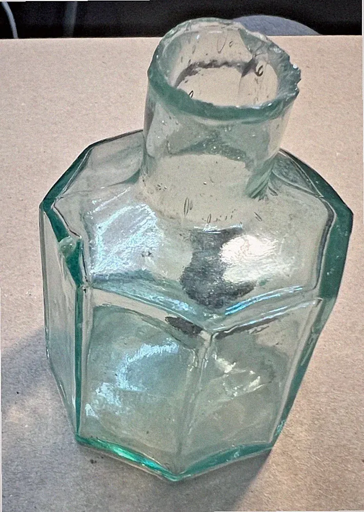 Antique Aqua Crude Neck 8 Sided Ink Bottle with Original Cork