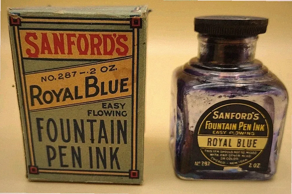 Antique Sanfords Royal Blue Fountain Pen 2 Oz Ink Bottle And Box