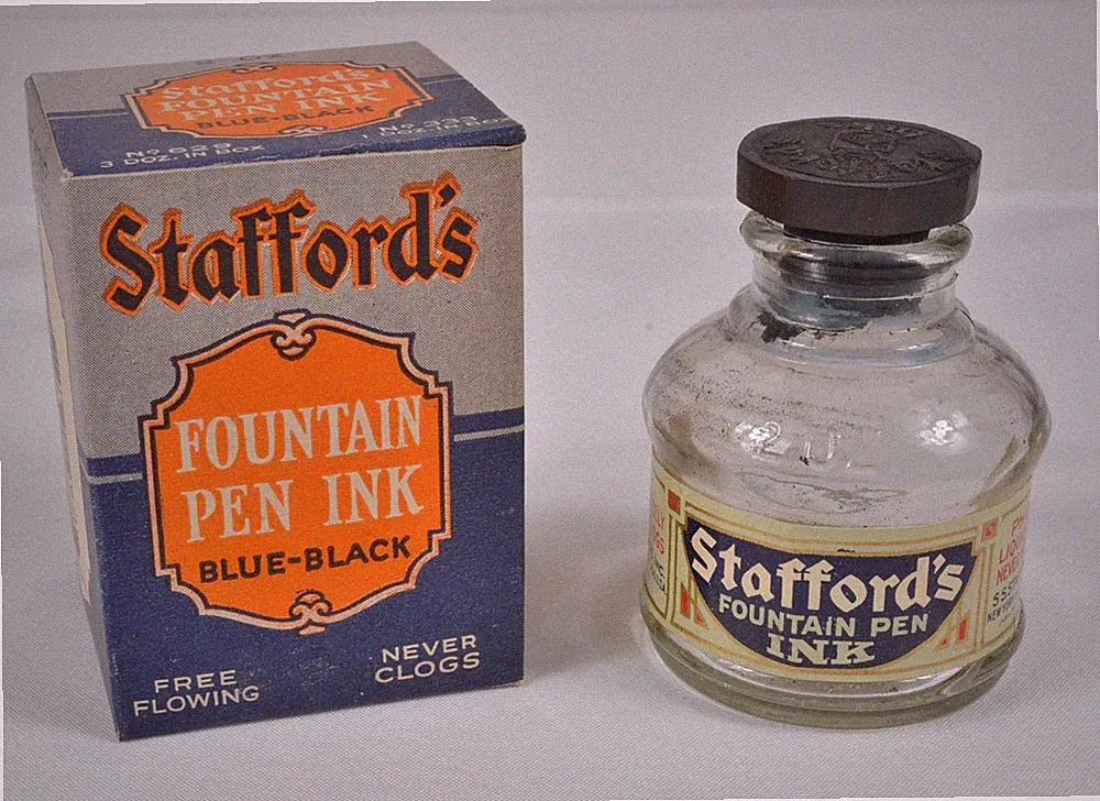 Antique Staffords Blue-Black 2oz. Fountain Pen Ink Bottle NICE! w/Original Box
