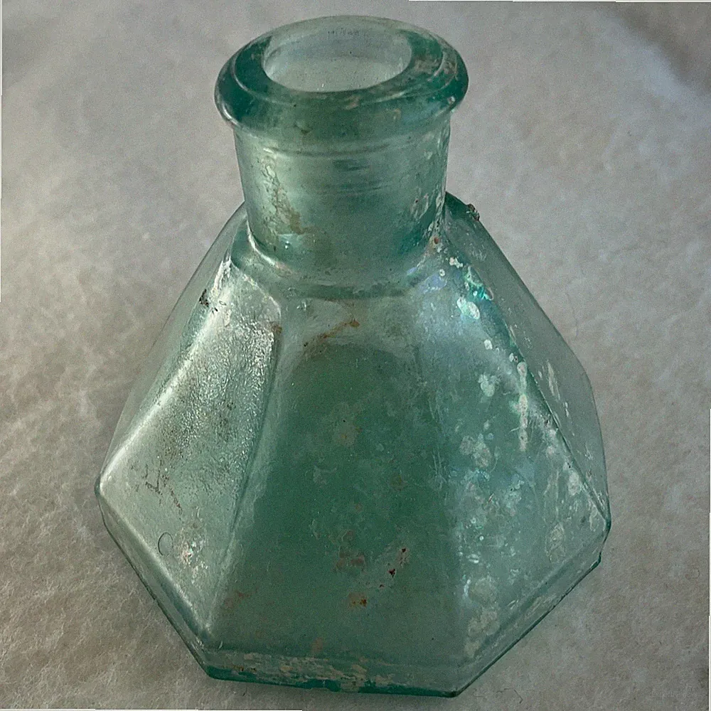 Antique Teal Aqua Umbrella Ink Bottle 8-Sided Applied Lip Early Glass 2.5" H