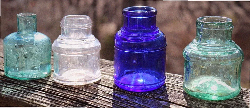 Antique Vtg Lot of 4 Aqua Clear Blue Victorian Ink Bottle Inkwell