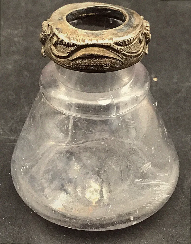 Carter's Cone Shaped Pressed Glass Inkwell Bottle w. Sterling Silver Cap USA