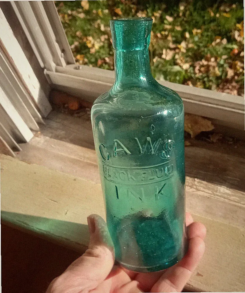 CAW'S BLACK FLUID INK PRETTY TEAL COLOR 1880s MASTER INK BOTTLE 7 1/4" TALL