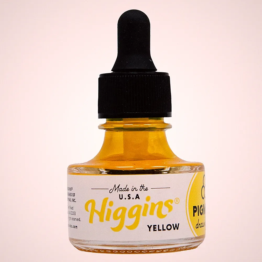 Higgins Yellow Pigmented Drawing Ink 1oz Glass Bottle for Artists HIG44635