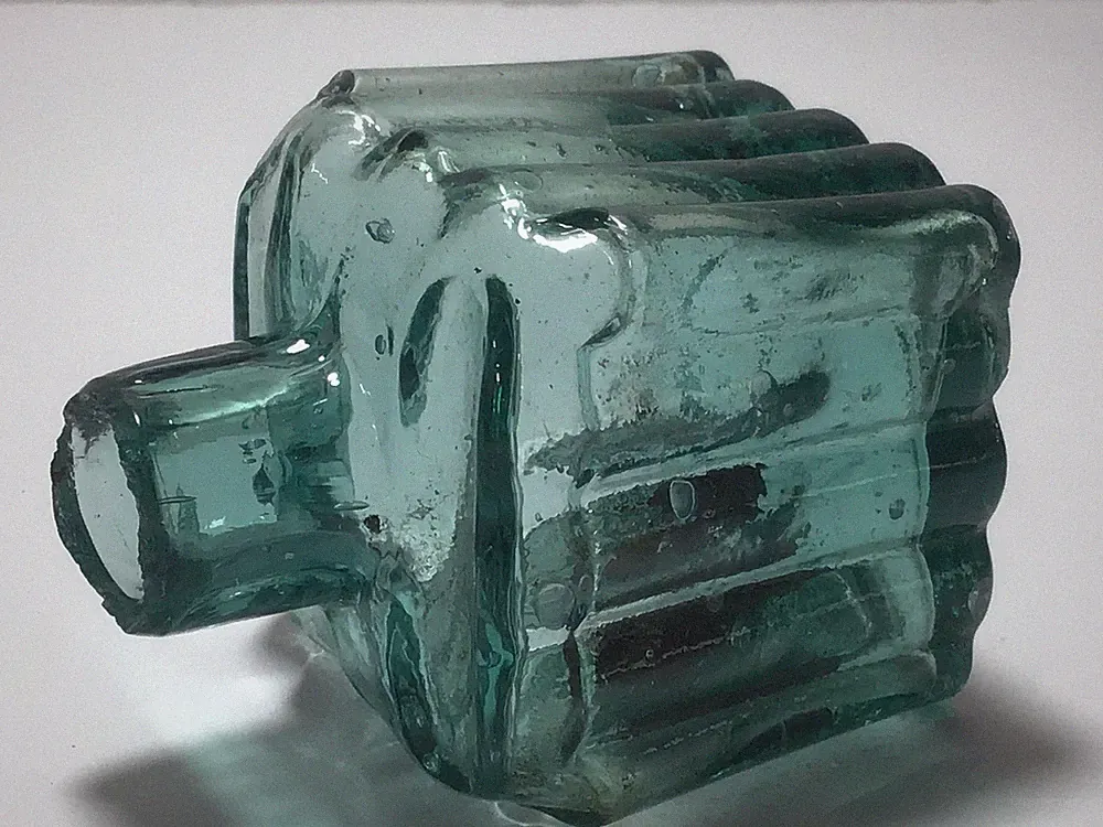 Nice TEAL DARK AQUA coloured Old P.C Embossed Bubbly Victorian Ink Bottle