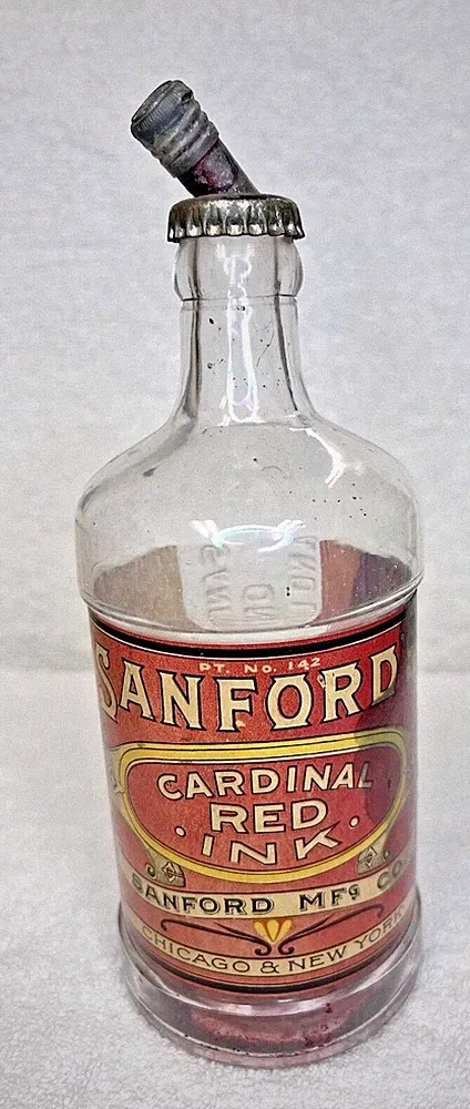 OLD Standford Cardinal Red Ink Bottle One Pint w Paper Label & Metal Lid