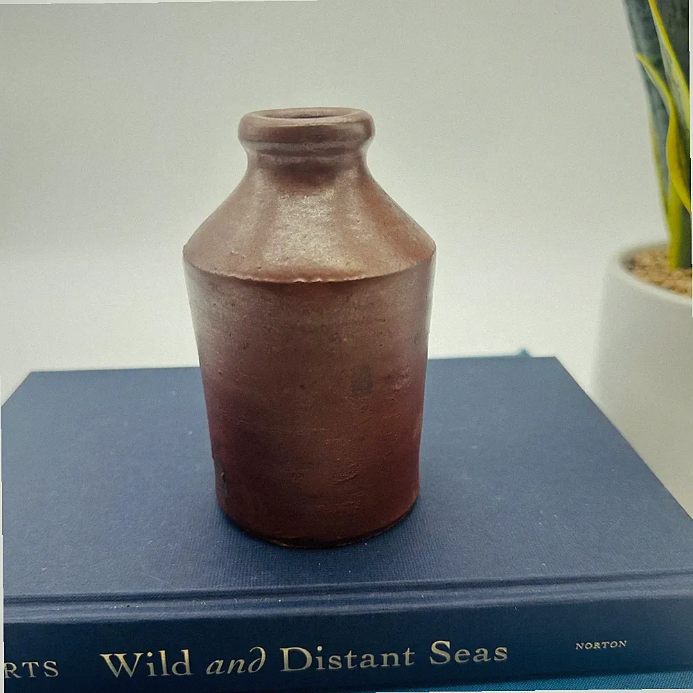 Primitive Brown Stoneware Ink Bottle Crock Bud Vase 4.25"