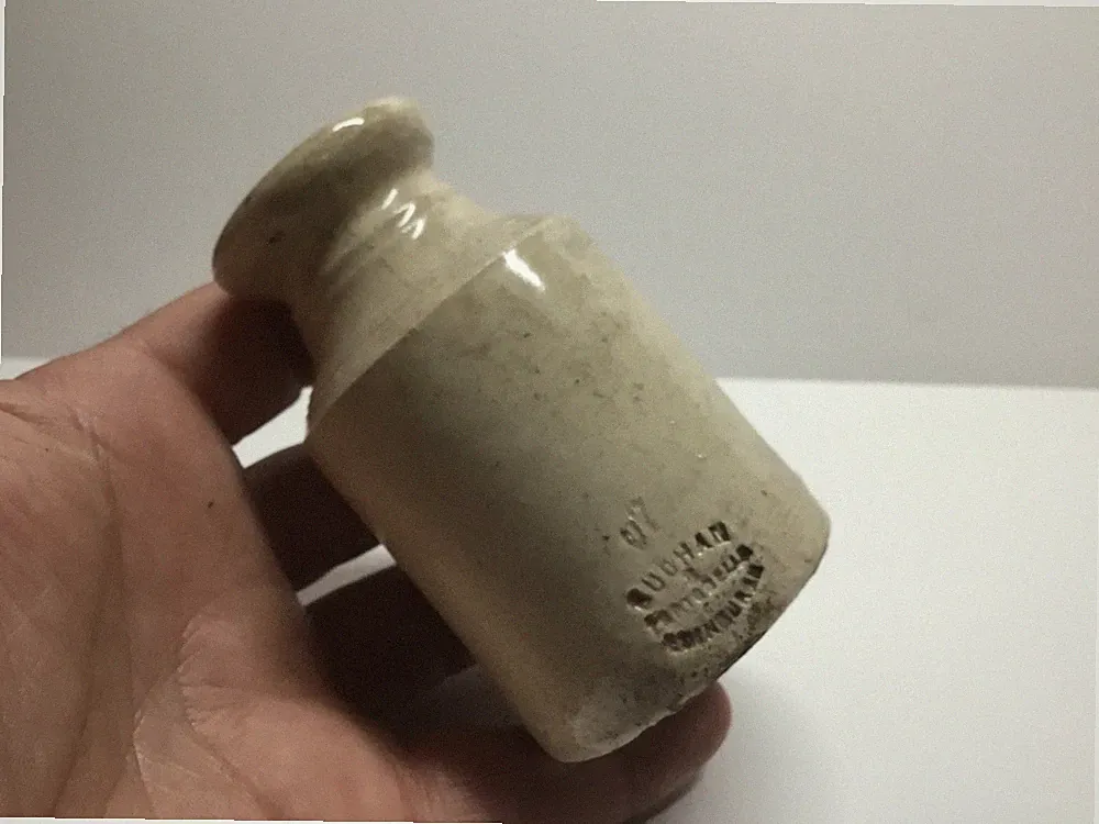 Small Antique Cream Colored Stoneware Cylinder Ink Bottle. 3 5/8 Inches Tall.