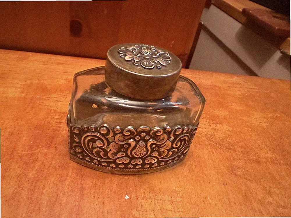 Vintage Antique Parker Ink Well Bottle Glass Silver Overlay Victorian Repoussé
