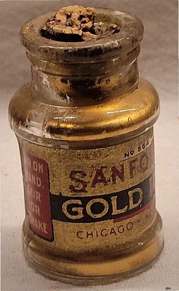 VINTAGE SANFORD'S INK BOTTLE GOLD INK EMBOSSED AND ORIGINAL LABEL