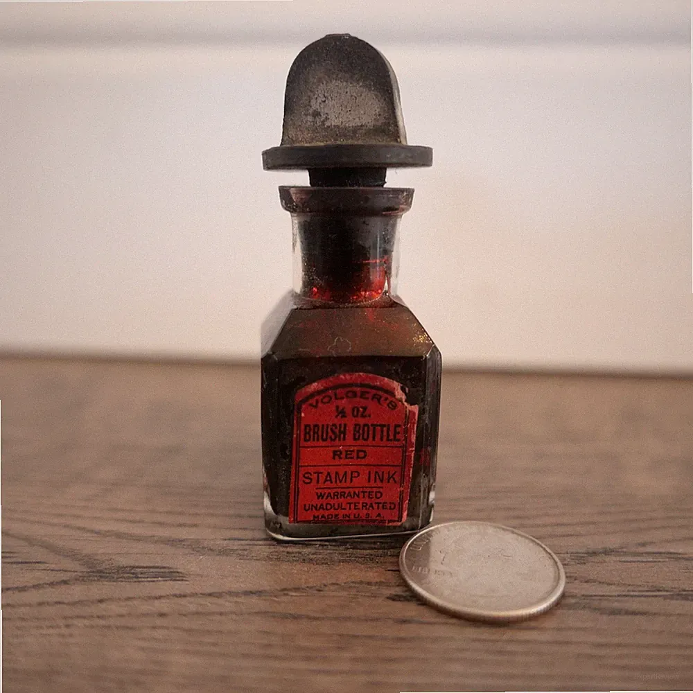 VOLGERS 1/2 oz. Red STAMP INK Brush BOTTLE w ORIGINAL LABEL RARE !!!
