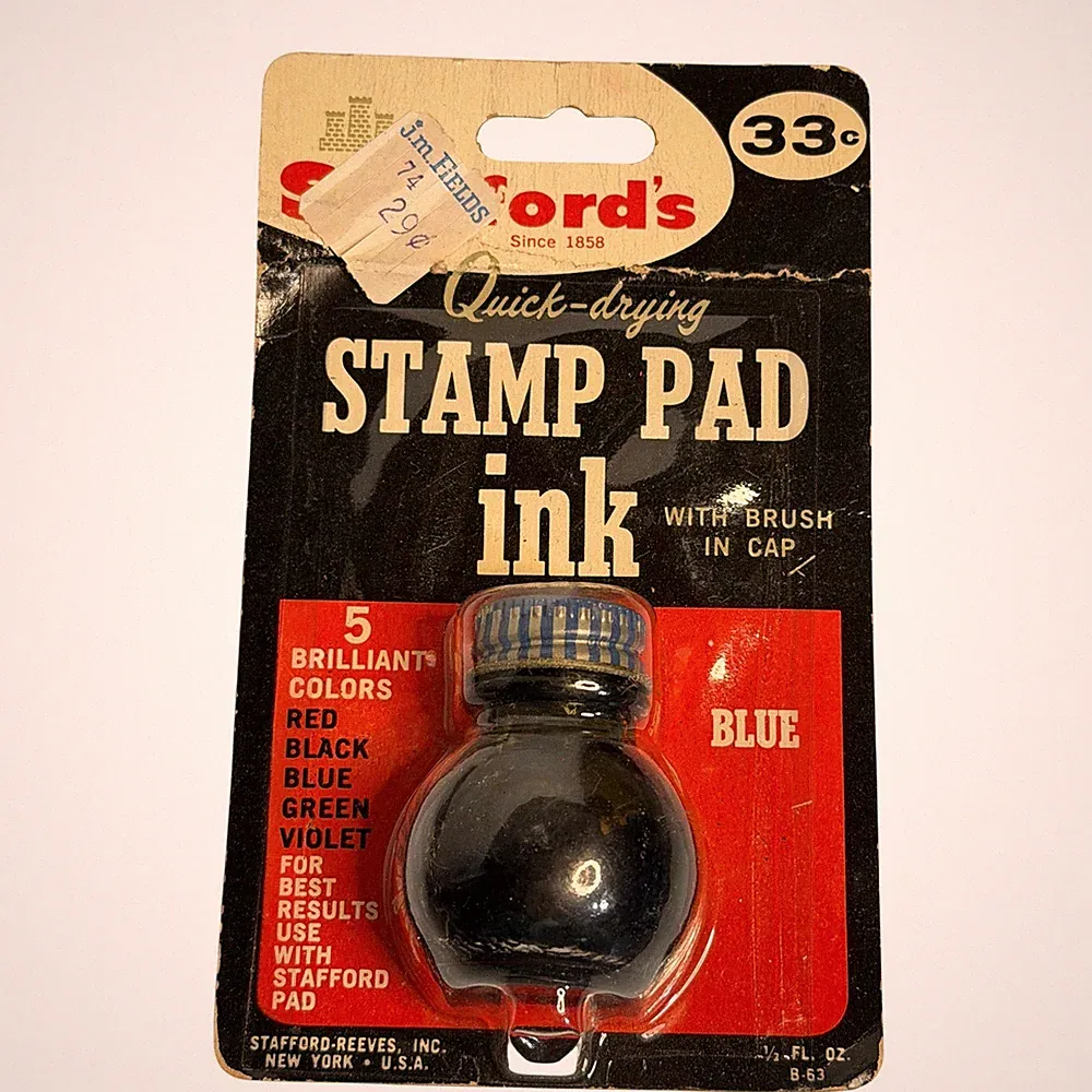 VTG Stafford Stamp Pad Ink Blue Glass Bottle Brush Cap 1968 New Old Stock Office