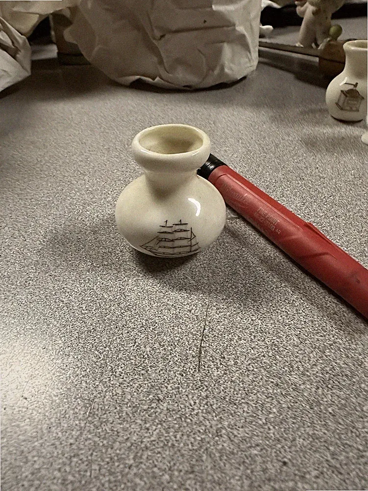 White Ceramic Mini Inkwell / Ink Bottle with Sailing Ship Design